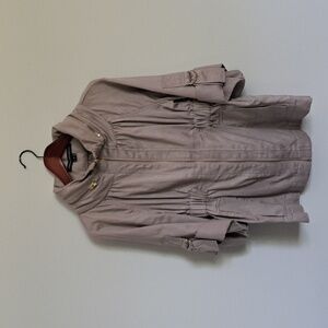 French Connection Linen Cotton Grey Beige Rolled Sleeve Jacket Hidden Hood Sz 6